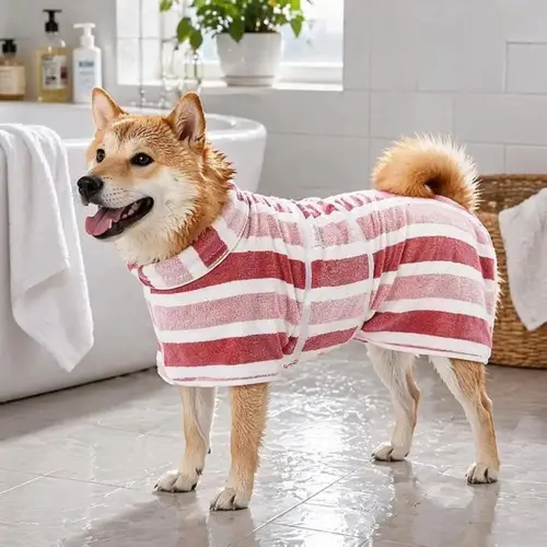Quick-Drying Dog Bathrobe, 1-Piece Striped Pet Bathrobe with Adjustable Belly Band, Super-Absorbent Soft Fabric, Machine
